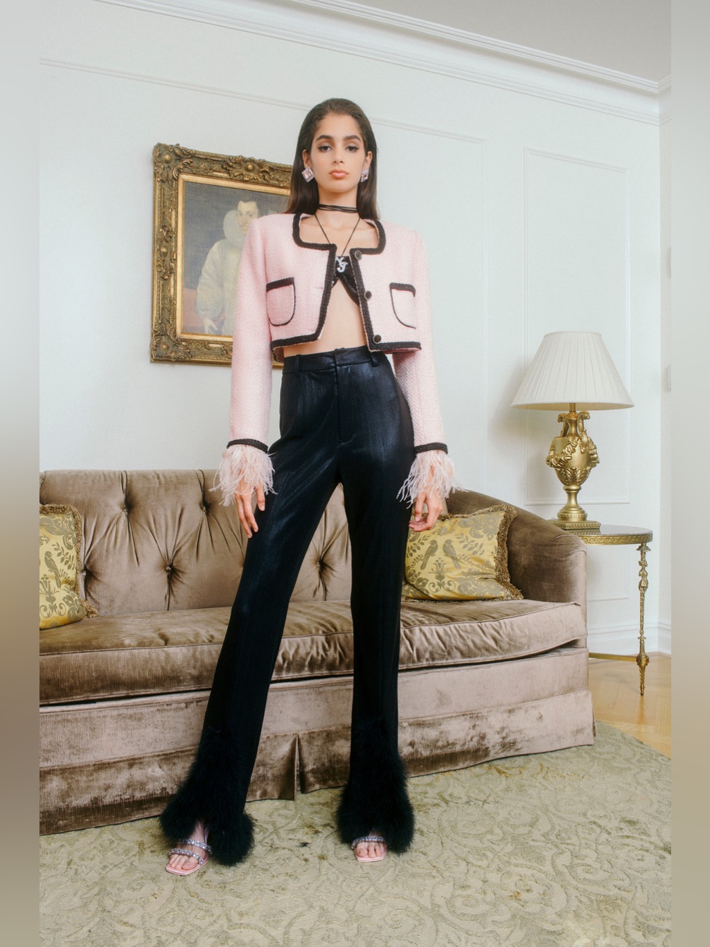 Nana Jacqueline Coco Cropped Pink & Black Tweed Jacket With Feather Trim Size Xs